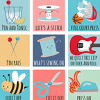 Novelty sewing puns fussy cut panel pink coral yellow blue quilting cotton for sewist gifts tote bags zip pouches and patchwork projects