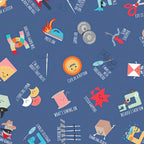 Sewing puns toss denim navy blue novelty quilting cotton cute characters Cute as a Button Press On Stitch Happens fussy cut patchwork Riley Blake