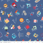Sewing puns toss denim navy blue novelty quilting cotton cute characters Cute as a Button Press On Stitch Happens fussy cut patchwork Riley Blake