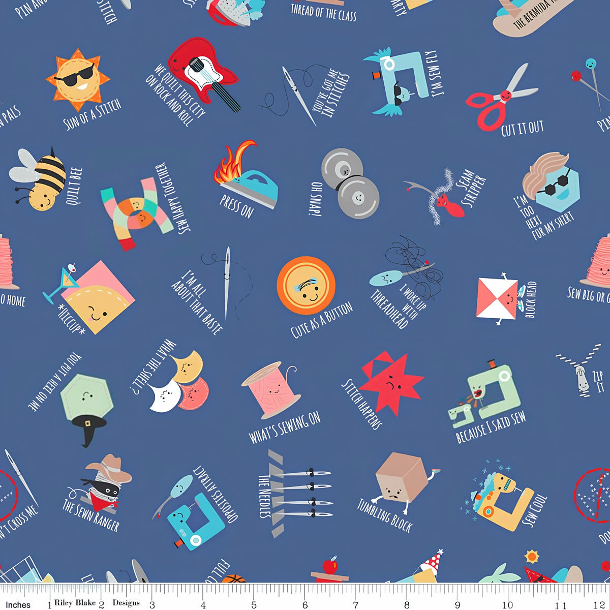 Sewing puns toss denim navy blue novelty quilting cotton cute characters Cute as a Button Press On Stitch Happens fussy cut patchwork Riley Blake