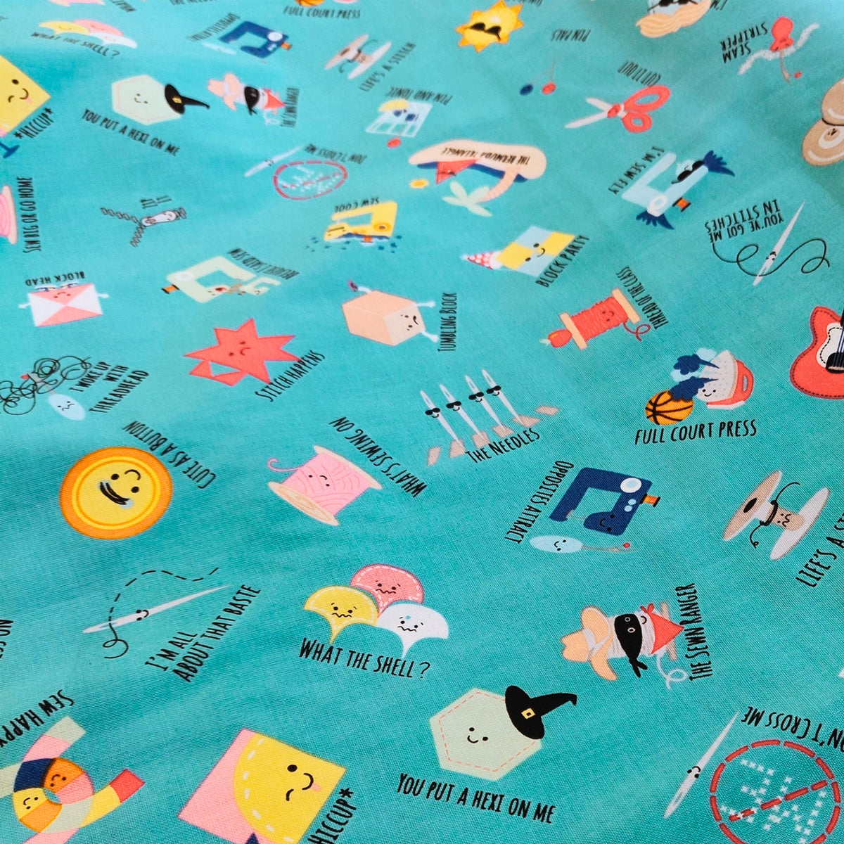 Sewing puns toss peacock turquoise teal novelty quilting cotton cute characters Cute as a Button Press On Stitch Happens fussy cut patchwork Riley Blake