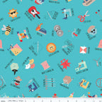 Sewing puns toss peacock turquoise teal novelty quilting cotton cute characters Cute as a Button Press On Stitch Happens fussy cut patchwork Riley Blake