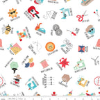 Sewing puns toss white novelty quilting cotton cute characters Cute as a Button Press On Stitch Happens fussy cut patchwork Riley Blake