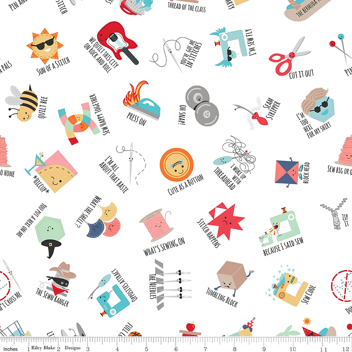 Sewing puns toss white novelty quilting cotton cute characters Cute as a Button Press On Stitch Happens fussy cut patchwork Riley Blake