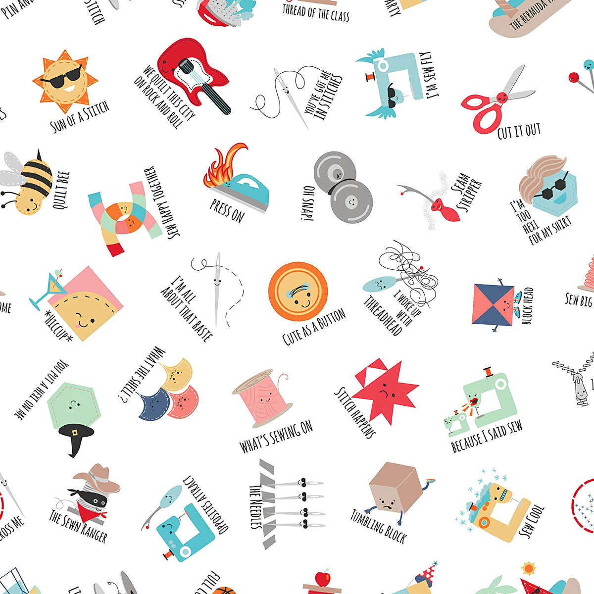 Sewing puns toss white novelty quilting cotton cute characters Cute as a Button Press On Stitch Happens fussy cut patchwork Riley Blake