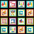 Sewing novelty fabric panel machines dress forms thread spools scissors and pincushions in multicolour blocks on black with quilt label blocks for sewing-themed quilts tote bags and patchwork projects