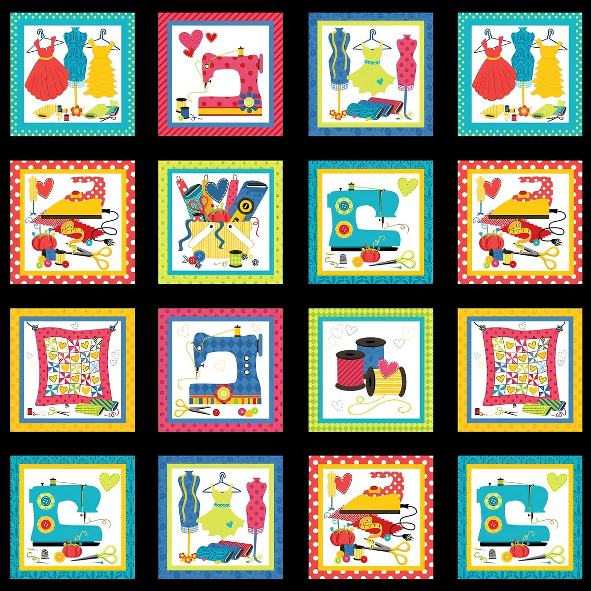 Sewing novelty fabric panel machines dress forms thread spools scissors and pincushions in multicolour blocks on black with quilt label blocks for sewing-themed quilts tote bags and patchwork projects