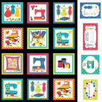 Sewing novelty fabric panel machines dress forms thread spools scissors and pincushions in multicolour blocks on black with quilt label blocks for sewing-themed quilts tote bags and patchwork projects