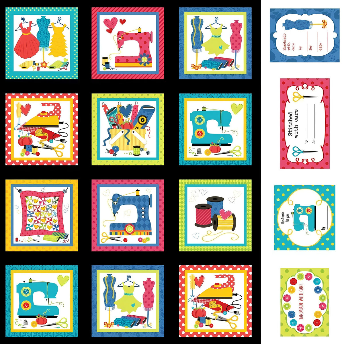 Sewing novelty fabric panel machines dress forms thread spools scissors and pincushions in multicolour blocks on black with quilt label blocks for sewing-themed quilts tote bags and patchwork projects