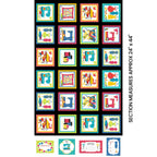 Sewing novelty fabric panel machines dress forms thread spools scissors and pincushions in multicolour blocks on black with quilt label blocks for sewing-themed quilts tote bags and patchwork projects