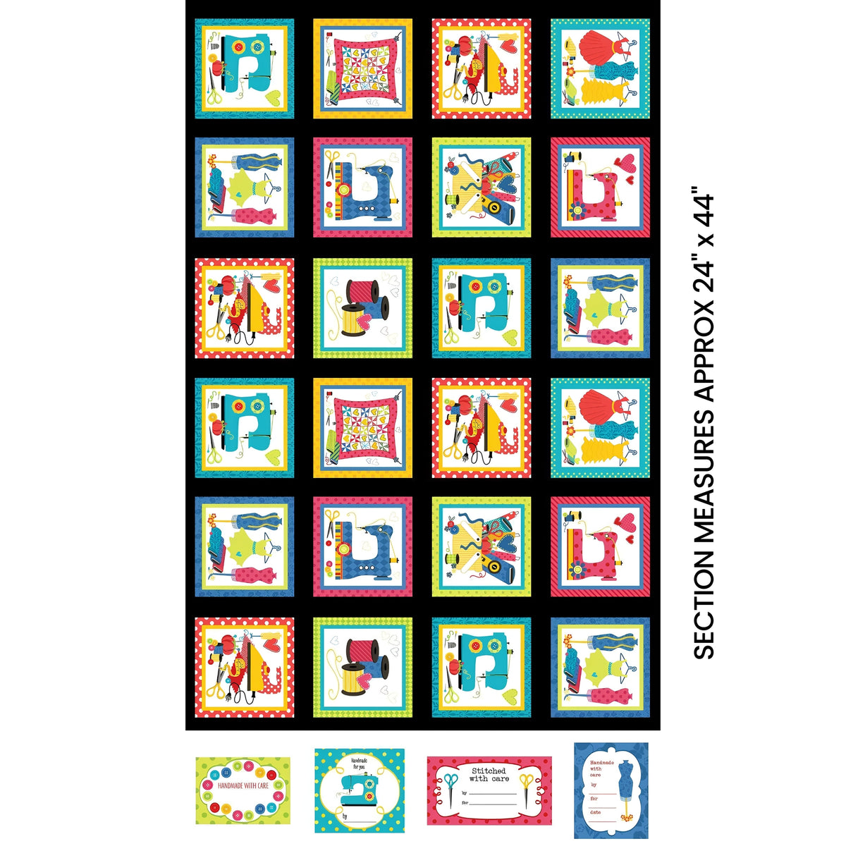 Sewing novelty fabric panel machines dress forms thread spools scissors and pincushions in multicolour blocks on black with quilt label blocks for sewing-themed quilts tote bags and patchwork projects