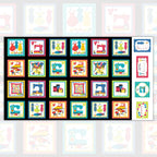 Sewing novelty fabric panel machines dress forms thread spools scissors and pincushions in multicolour blocks on black with quilt label blocks for sewing-themed quilts tote bags and patchwork projects