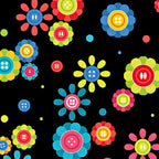 Button daisy flower toss black multicolour teal pink red blue lime green novelty quilting cotton sewing gifts patchwork projects