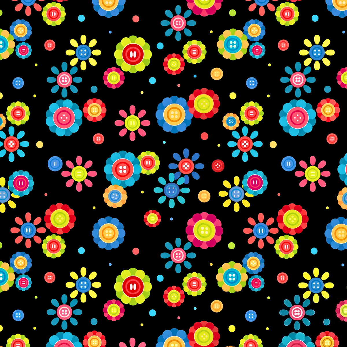 Button daisy flower toss black multicolour teal pink red blue lime green novelty quilting cotton sewing gifts patchwork projects