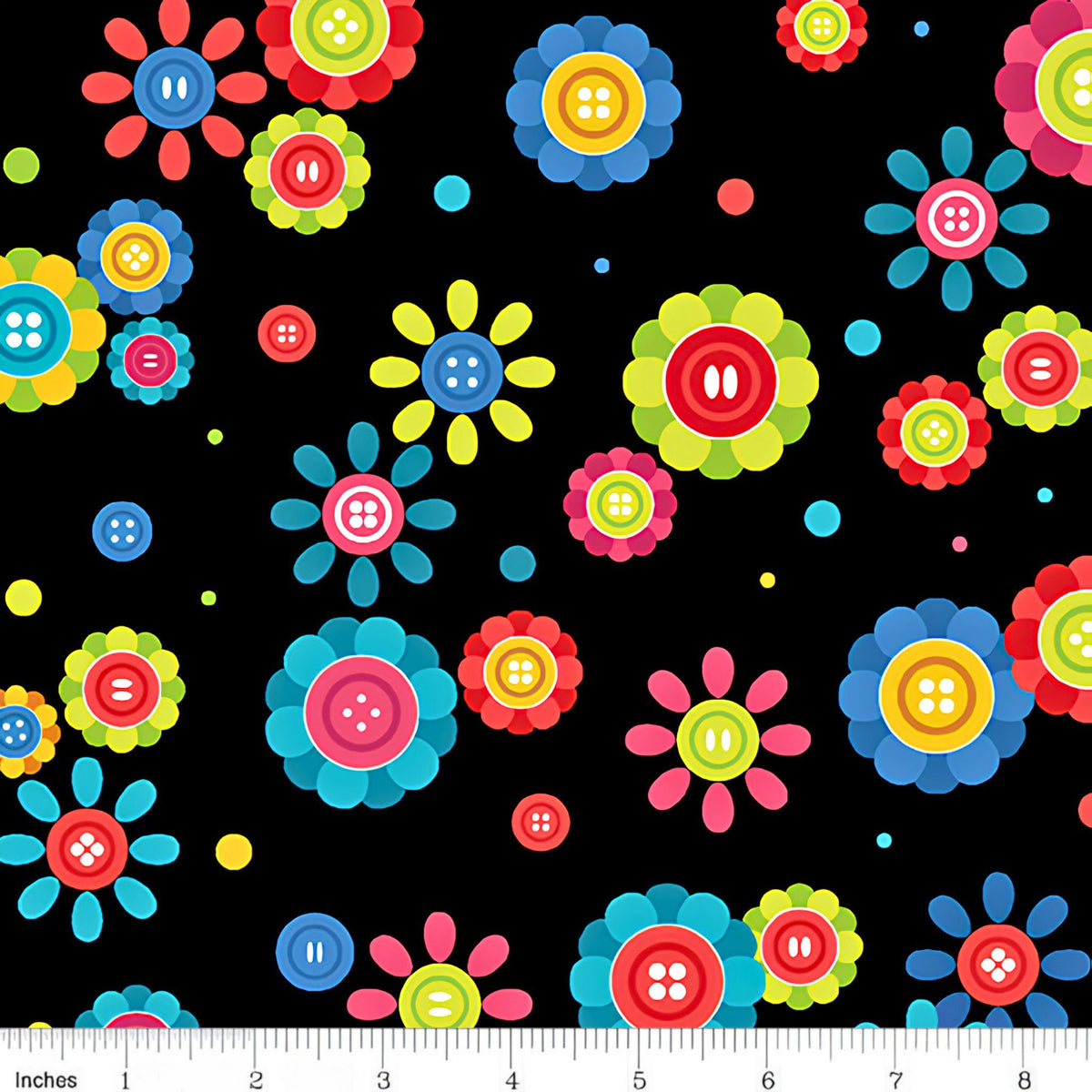 Button daisy flower toss black multicolour teal pink red blue lime green novelty quilting cotton sewing gifts patchwork projects