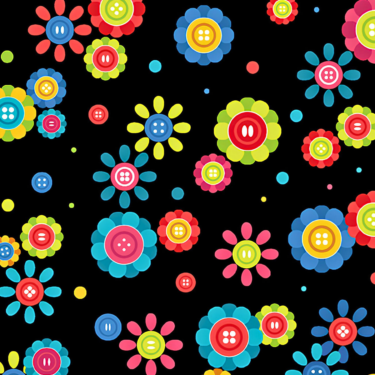 Button daisy flower toss black multicolour teal pink red blue lime green novelty quilting cotton sewing gifts patchwork projects