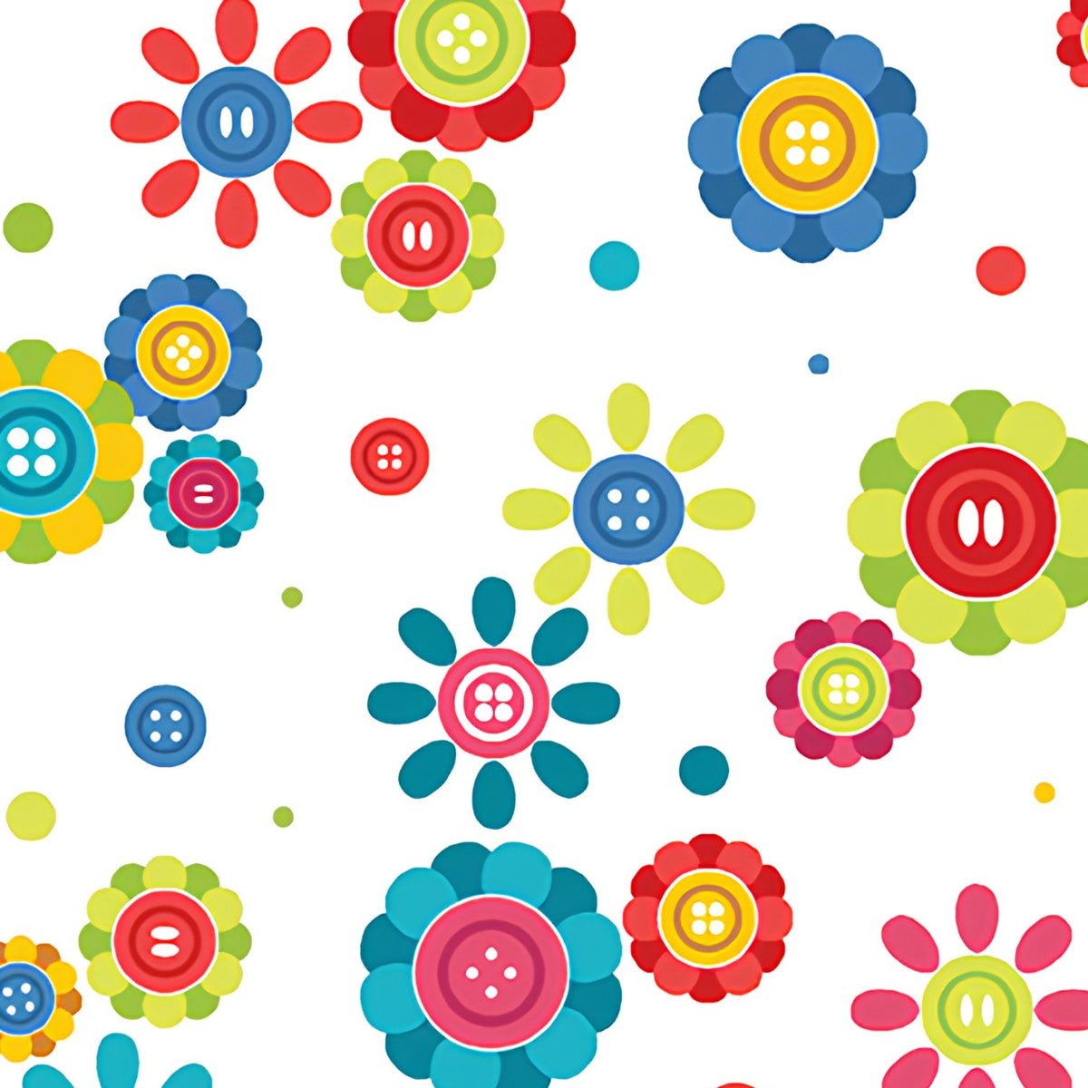 Button daisy flower toss white multicolour teal pink red blue lime green novelty quilting cotton sewing gifts patchwork projects