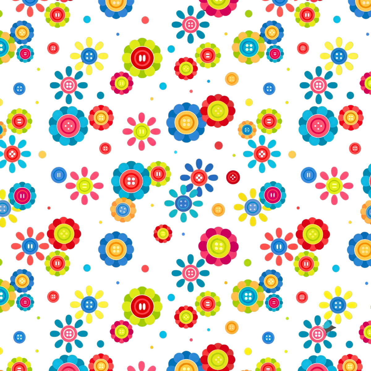 Button daisy flower toss white multicolour teal pink red blue lime green novelty quilting cotton sewing gifts patchwork projects