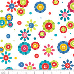 Button daisy flower toss white multicolour teal pink red blue lime green novelty quilting cotton sewing gifts patchwork projects