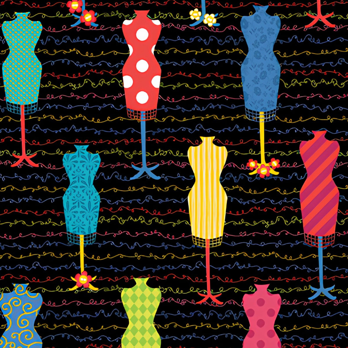 Colourful dress form mannequin toss black multicolour novelty quilting fabric sewing themed quilts fashion lover gifts patchwork projects