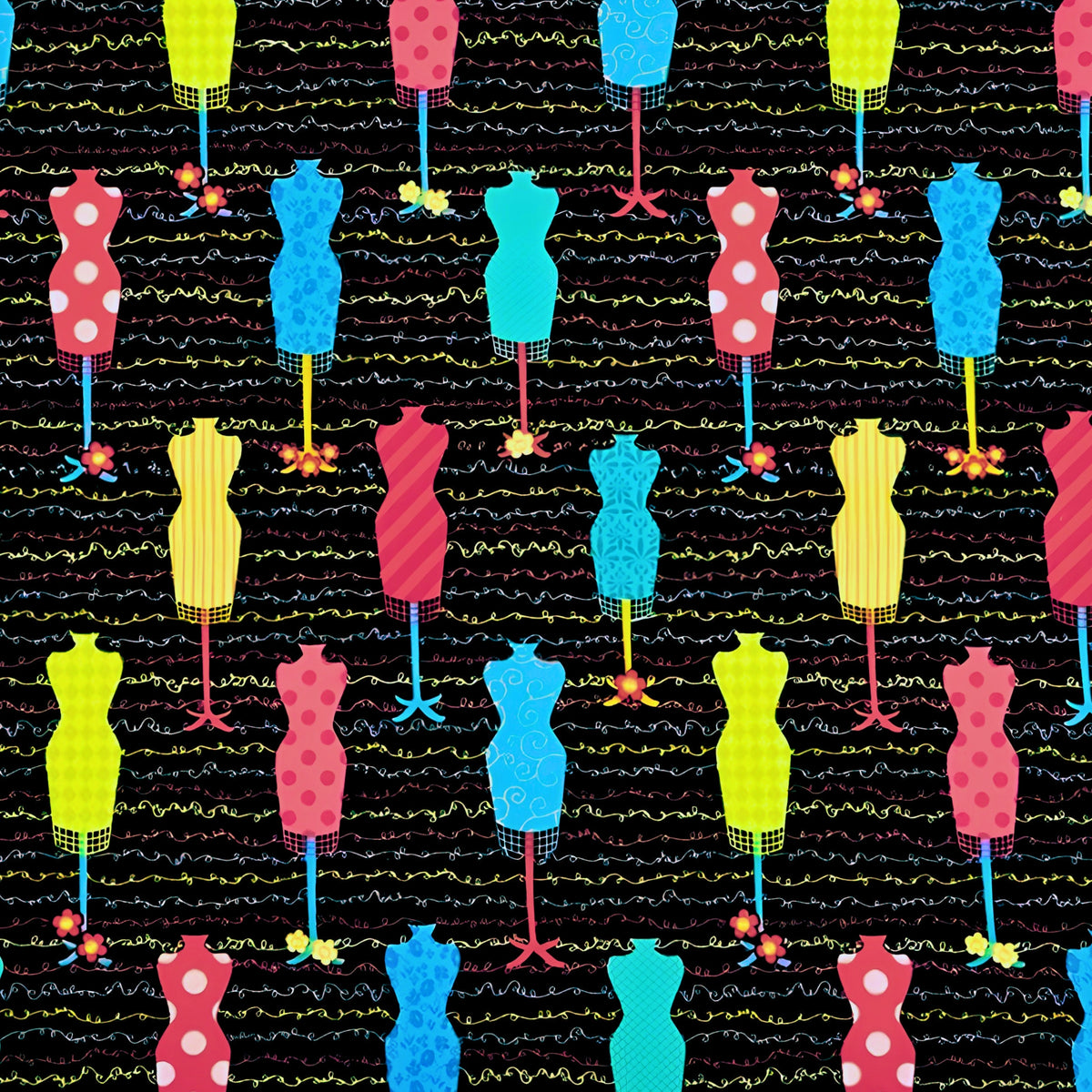 Colourful dress form mannequin toss black multicolour novelty quilting fabric sewing themed quilts fashion lover gifts patchwork projects