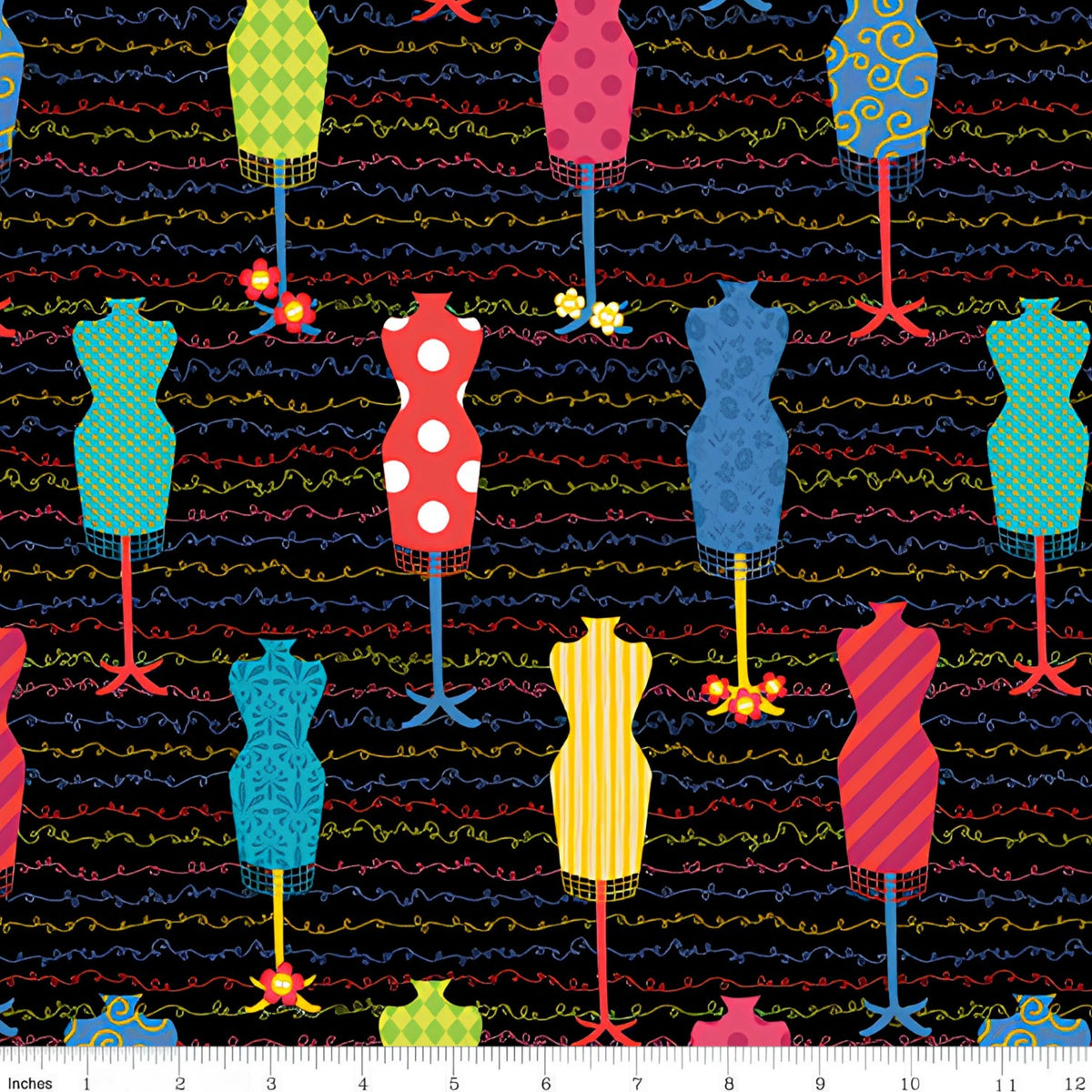 Colourful dress form mannequin toss black multicolour novelty quilting fabric sewing themed quilts fashion lover gifts patchwork projects