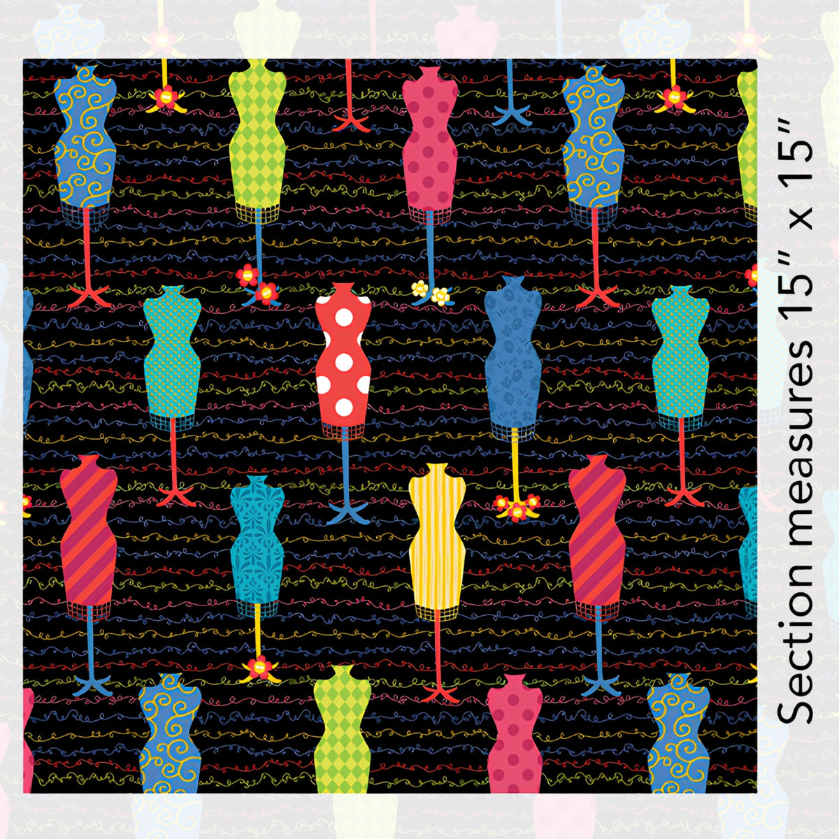 Colourful dress form mannequin toss black multicolour novelty quilting fabric sewing themed quilts fashion lover gifts patchwork projects