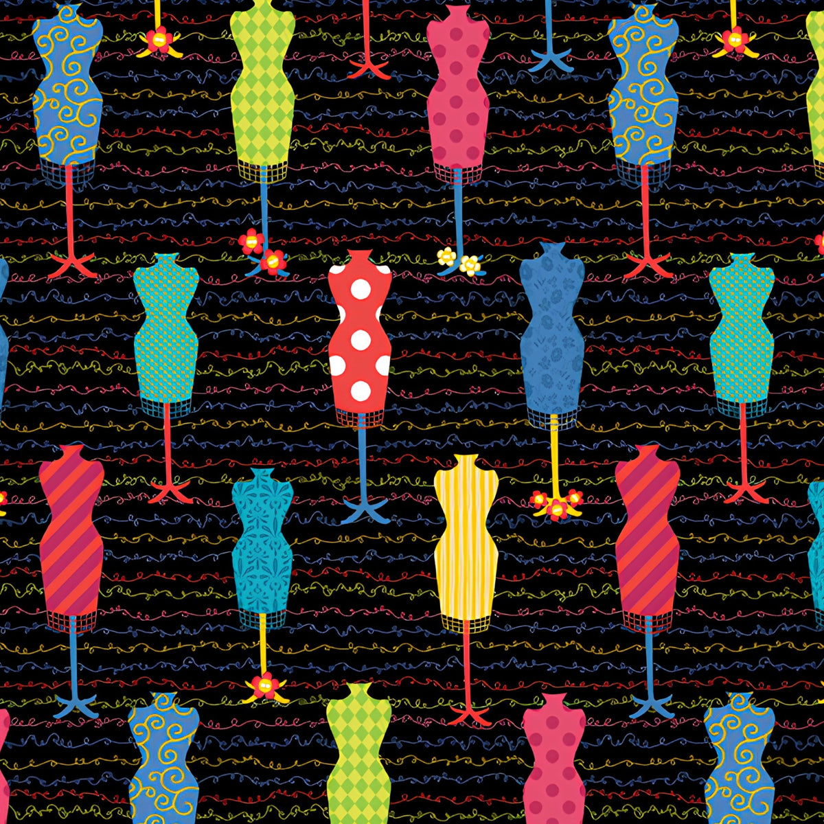 Colourful dress form mannequin toss black multicolour novelty quilting fabric sewing themed quilts fashion lover gifts patchwork projects