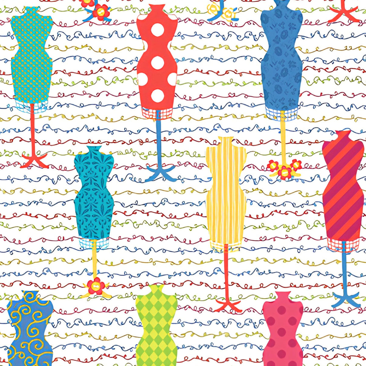 Colourful dress form mannequin toss white multicolour novelty quilting fabric sewing themed quilts fashion lover gifts patchwork projects