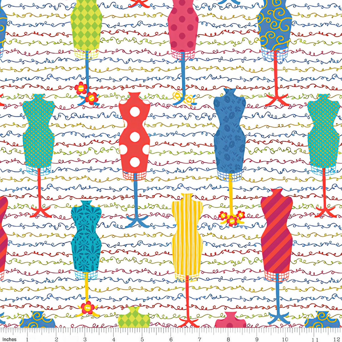 Colourful dress form mannequin toss white multicolour novelty quilting fabric sewing themed quilts fashion lover gifts patchwork projects