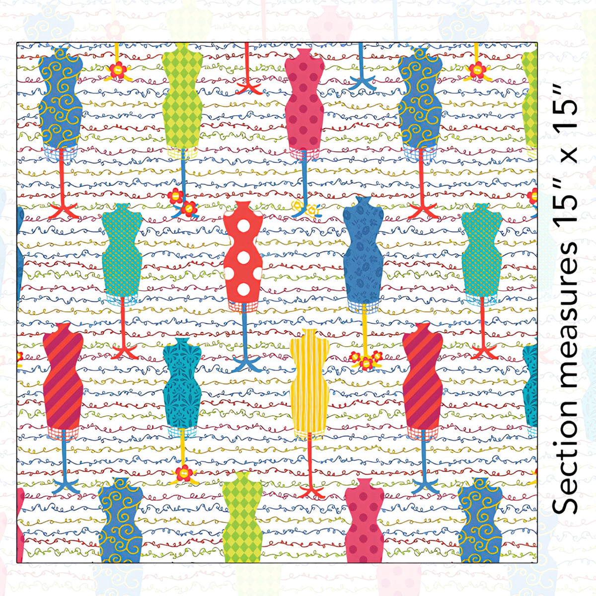 Colourful dress form mannequin toss white multicolour novelty quilting fabric sewing themed quilts fashion lover gifts patchwork projects