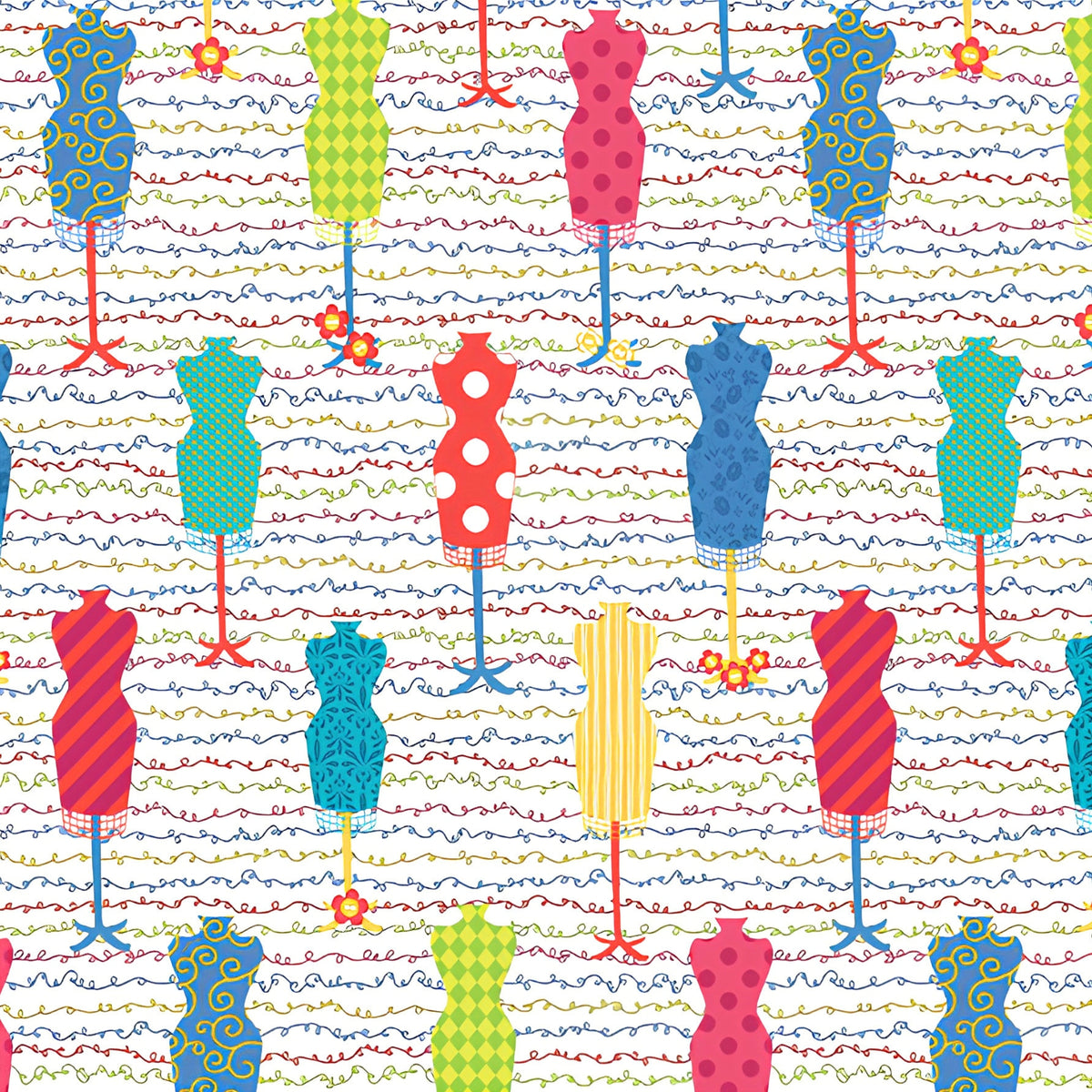 Colourful dress form mannequin toss white multicolour novelty quilting fabric sewing themed quilts fashion lover gifts patchwork projects