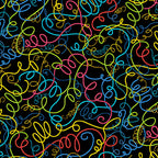 Multicolour looping thread swirl black novelty quilting fabric yellow lime teal pink red sewing themed quilts sewist gifts patchwork projects