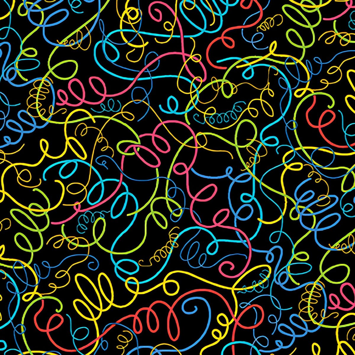 Multicolour looping thread swirl black novelty quilting fabric yellow lime teal pink red sewing themed quilts sewist gifts patchwork projects