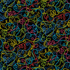 Multicolour looping thread swirl black novelty quilting fabric yellow lime teal pink red sewing themed quilts sewist gifts patchwork projects