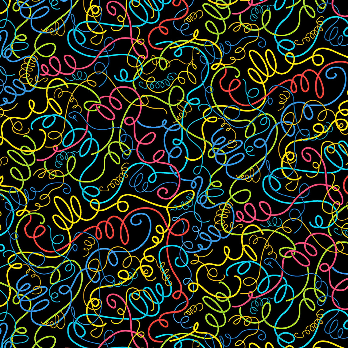 Multicolour looping thread swirl black novelty quilting fabric yellow lime teal pink red sewing themed quilts sewist gifts patchwork projects