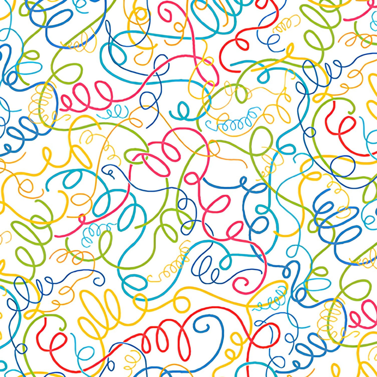 Multicolour looping thread swirl white novelty quilting fabric yellow lime teal pink red sewing themed quilts sewist gifts patchwork projects