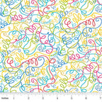 Multicolour looping thread swirl white novelty quilting fabric yellow lime teal pink red sewing themed quilts sewist gifts patchwork projects
