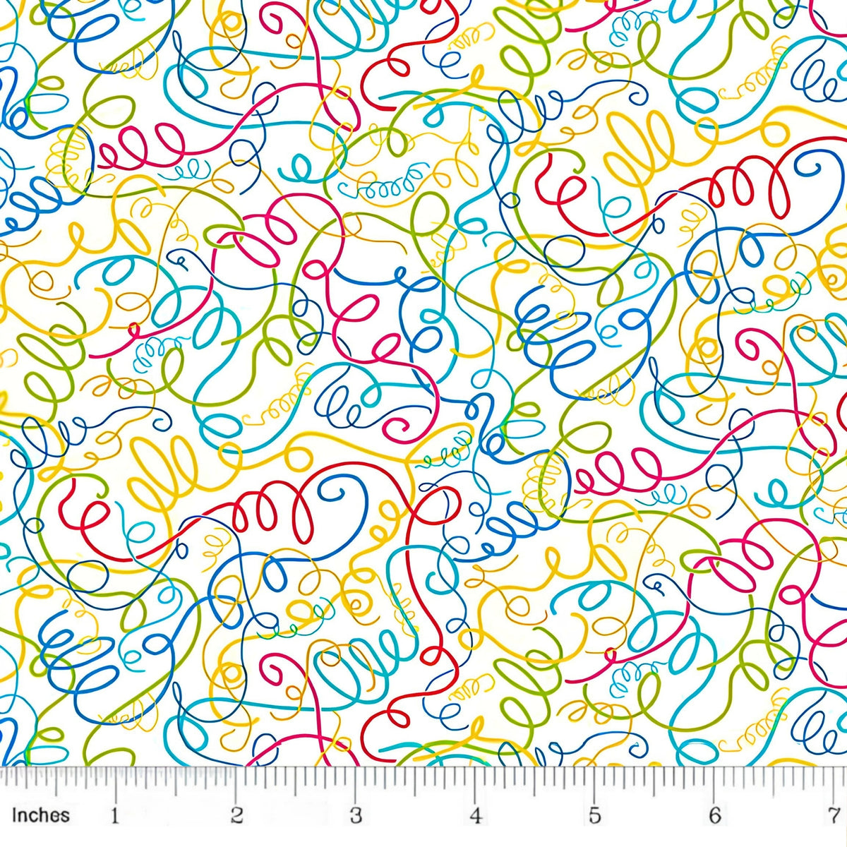 Multicolour looping thread swirl white novelty quilting fabric yellow lime teal pink red sewing themed quilts sewist gifts patchwork projects
