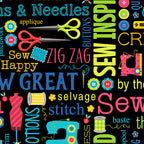 Sewing machines scissors dress forms thread spools buttons fabric swatches black novelty sewing words quilting cotton tote bags wall hangings sewist gifts