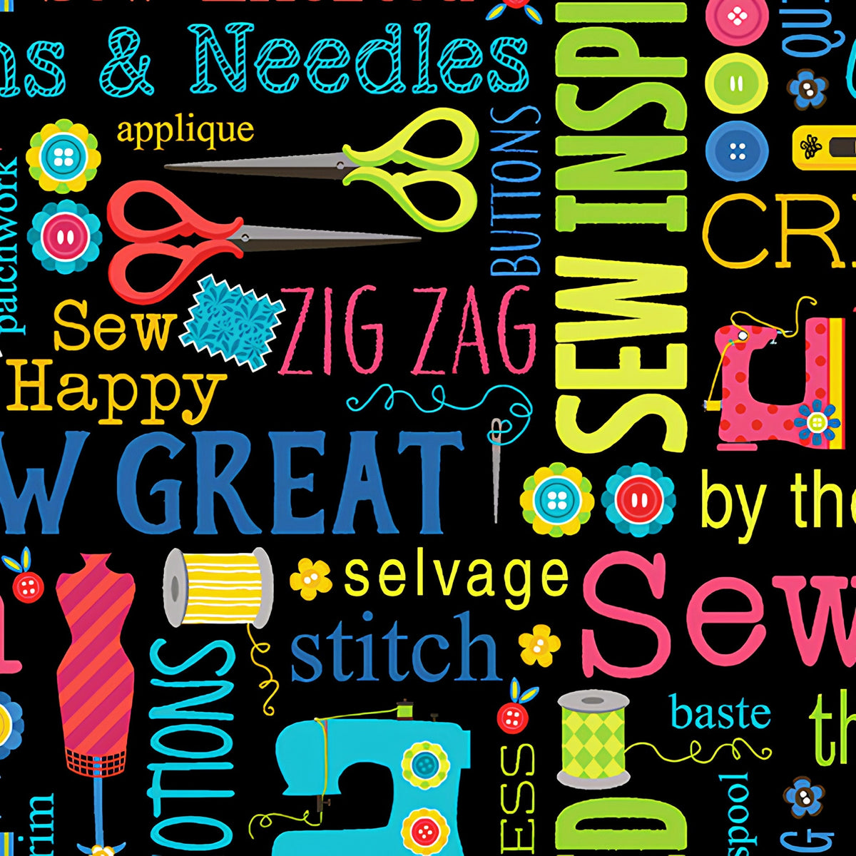 Sewing machines scissors dress forms thread spools buttons fabric swatches black novelty sewing words quilting cotton tote bags wall hangings sewist gifts