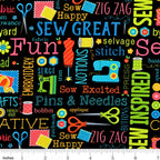 Sewing machines scissors dress forms thread spools buttons fabric swatches black novelty sewing words quilting cotton tote bags wall hangings sewist gifts