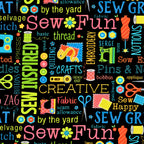Sewing machines scissors dress forms thread spools buttons fabric swatches black novelty sewing words quilting cotton tote bags wall hangings sewist gifts