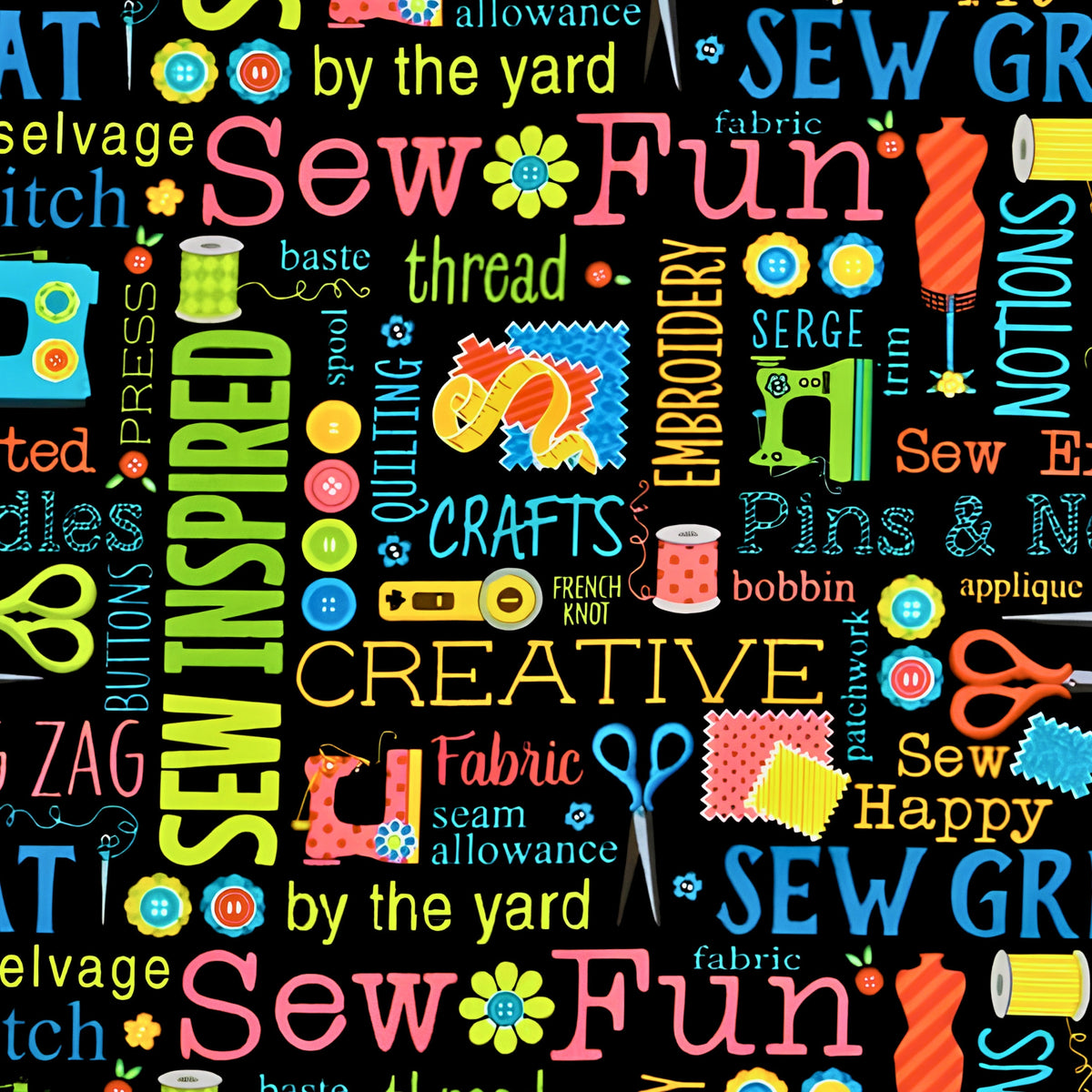 Sewing machines scissors dress forms thread spools buttons fabric swatches black novelty sewing words quilting cotton tote bags wall hangings sewist gifts