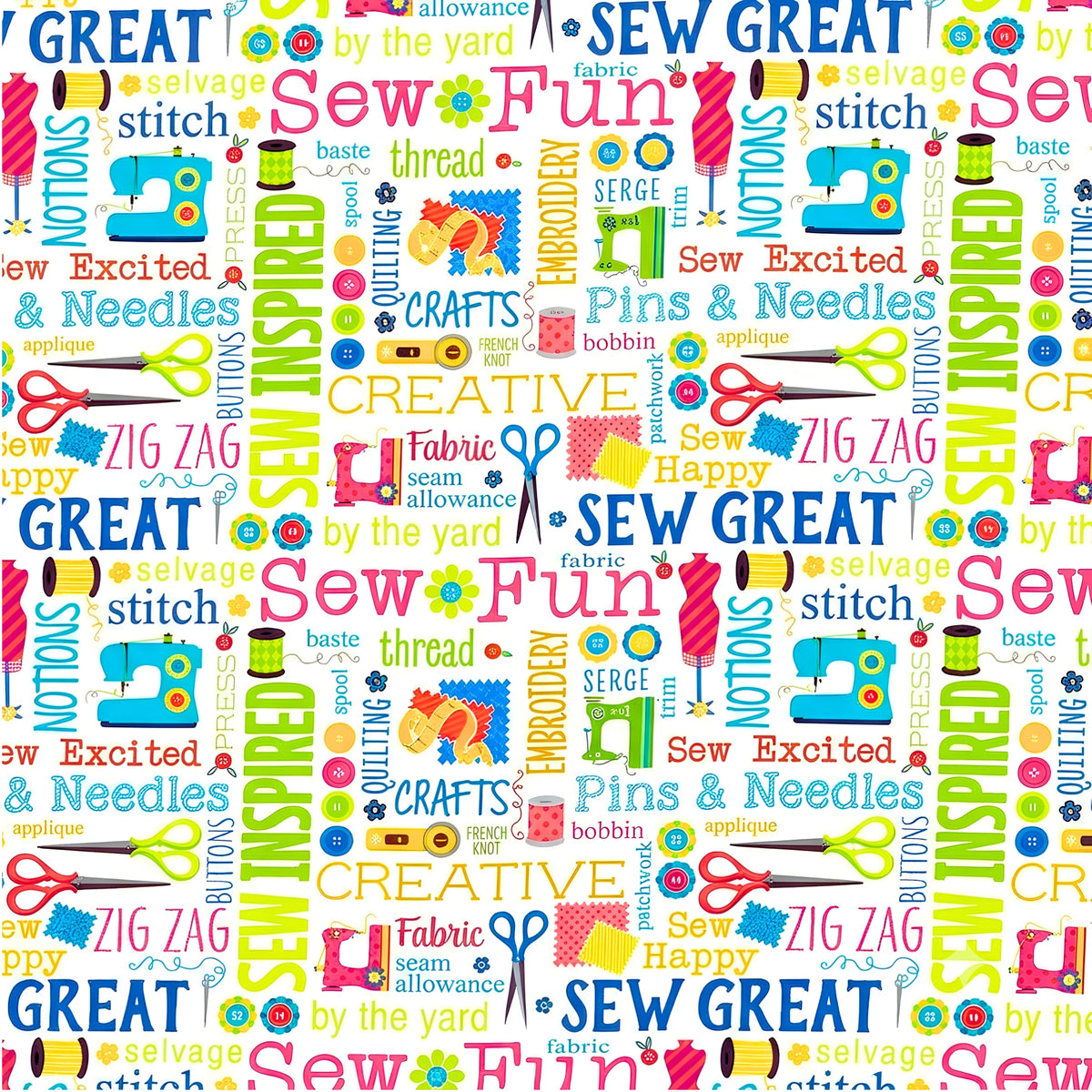 Sewing machines scissors dress forms thread spools buttons fabric swatches white novelty sewing words quilting cotton tote bags wall hangings sewist gifts