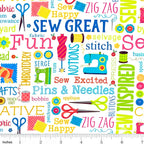 Sewing machines scissors dress forms thread spools buttons fabric swatches white novelty sewing words quilting cotton tote bags wall hangings sewist gifts