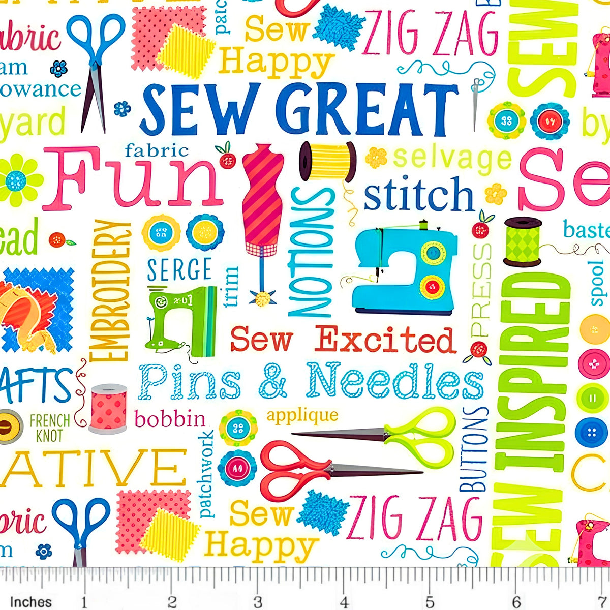 Sewing machines scissors dress forms thread spools buttons fabric swatches white novelty sewing words quilting cotton tote bags wall hangings sewist gifts
