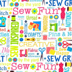 Sewing machines scissors dress forms thread spools buttons fabric swatches white novelty sewing words quilting cotton tote bags wall hangings sewist gifts