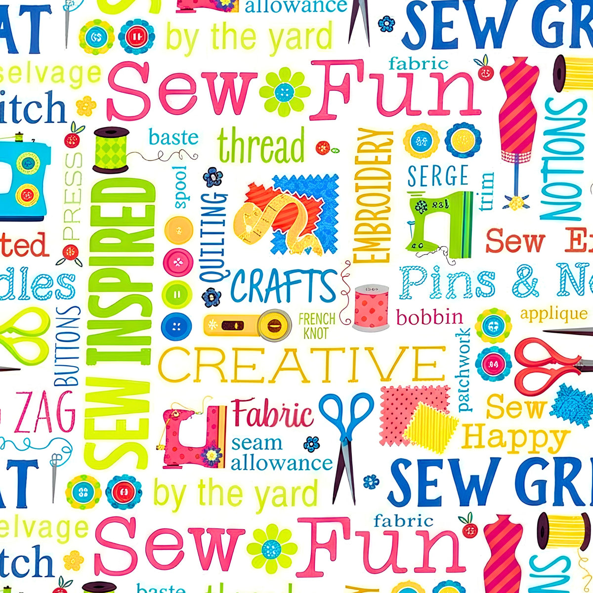 Sewing machines scissors dress forms thread spools buttons fabric swatches white novelty sewing words quilting cotton tote bags wall hangings sewist gifts