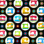 Retro sewing machines bright colours dotted circles black novelty quilting cotton daisy button flowers sewist gifts quilt blocks tote bags